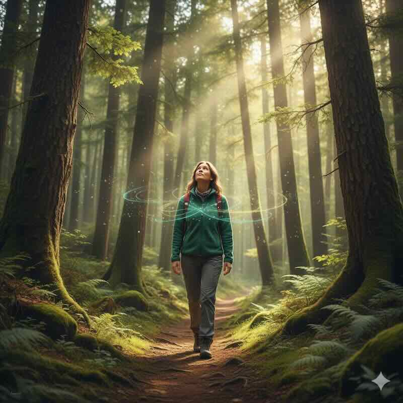 A clothed person walking in the woods, looking up into the trees with a serene expression.