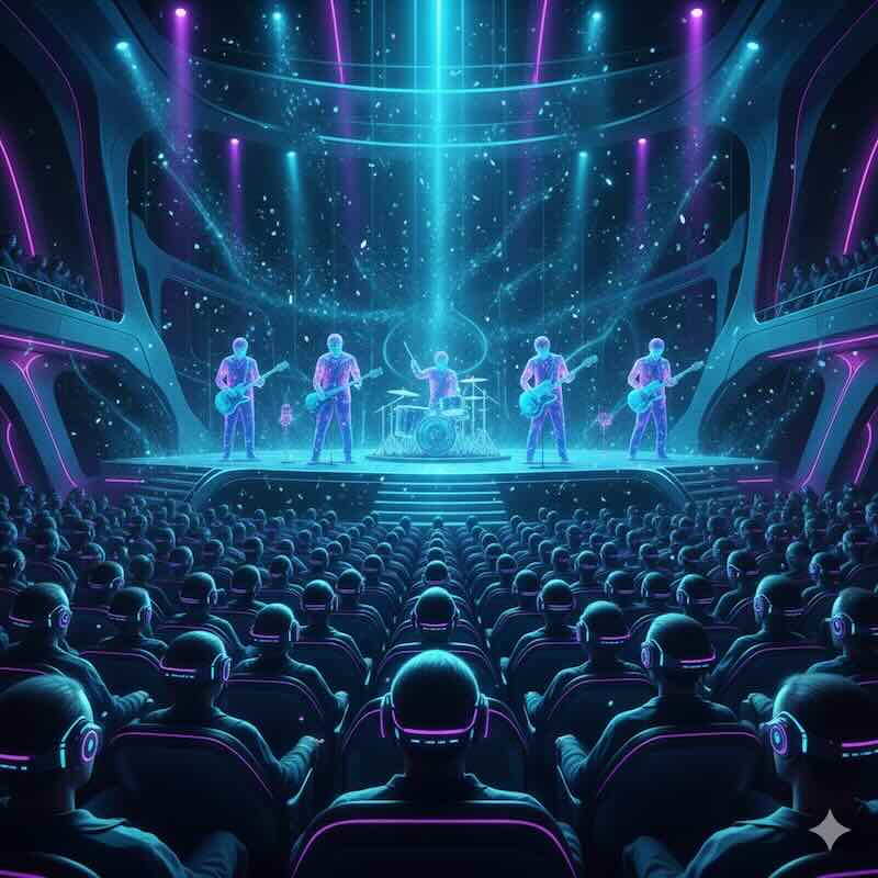 A futuristic concert hall with holographic musicians and audience members wearing neural headsets.