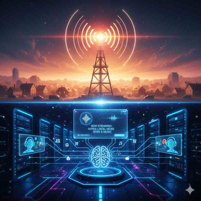 A modern radio studio with a single microphone and a touchscreen control board.