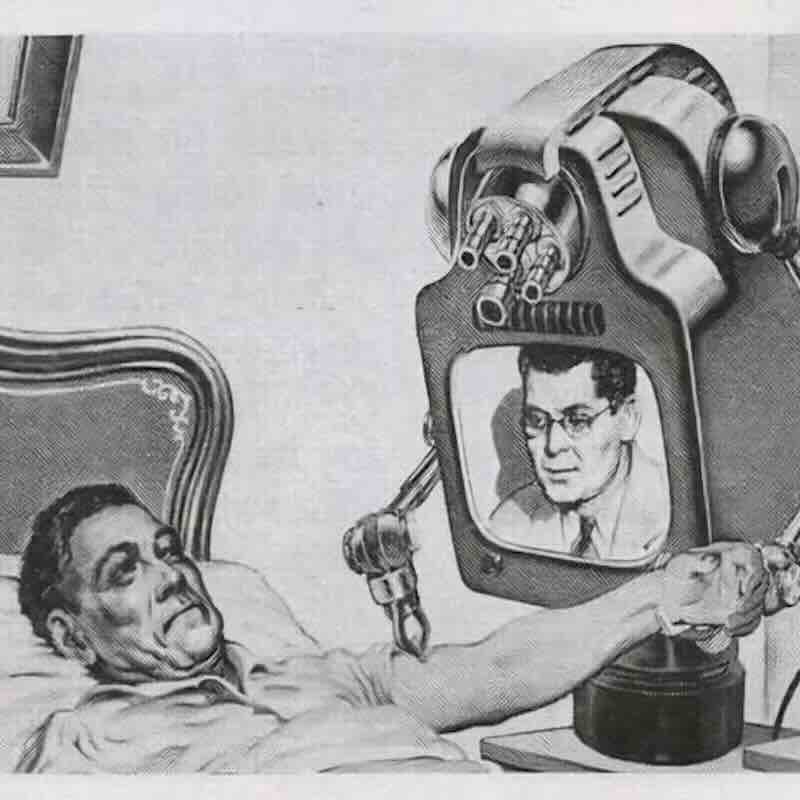 A retro-futuristic drawing of a doctor using controls to operate remote mechanical arms to examine a patient on a television screen.