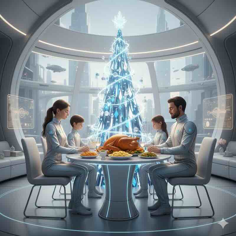 A modern Christmas scene with a glowing LED tree and a laptop showing an online shopping cart.