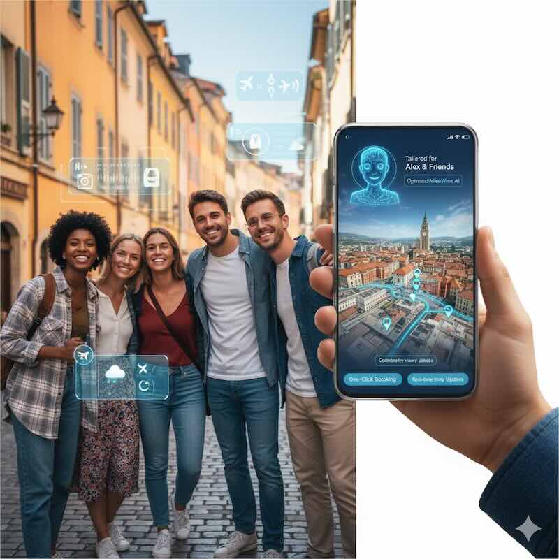 Young adults enjoying travel together, helped by advanced travel planning aids.